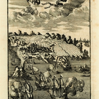 Vista de la ciudad de Angra do Heroismo (Isla Terceira, Azores). En Description de L'Univers de Alain Manesson Mallet. 1683 (edición alemana 1719)