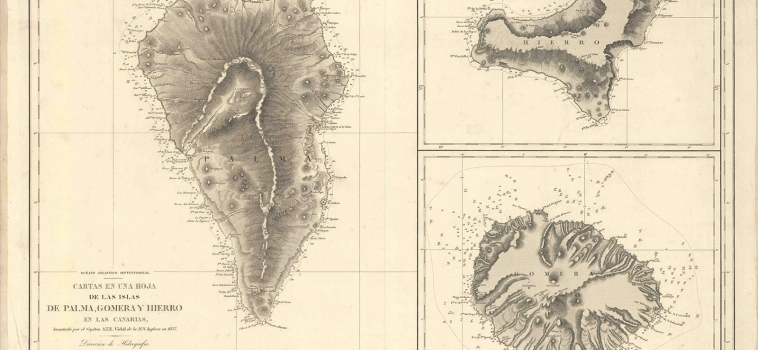 Cartas en una hoja de las islas de Palma, Gomera y Hierro en las Canarias: Océano Atlántico Septentrional.
